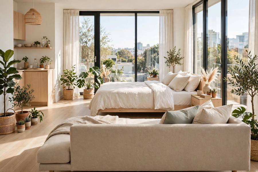Studio apartment with sofa dividing sleeping area from living zone