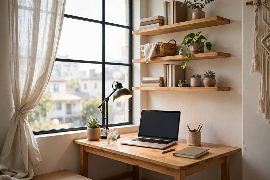 Compact home office desk setup by window in studio apartment