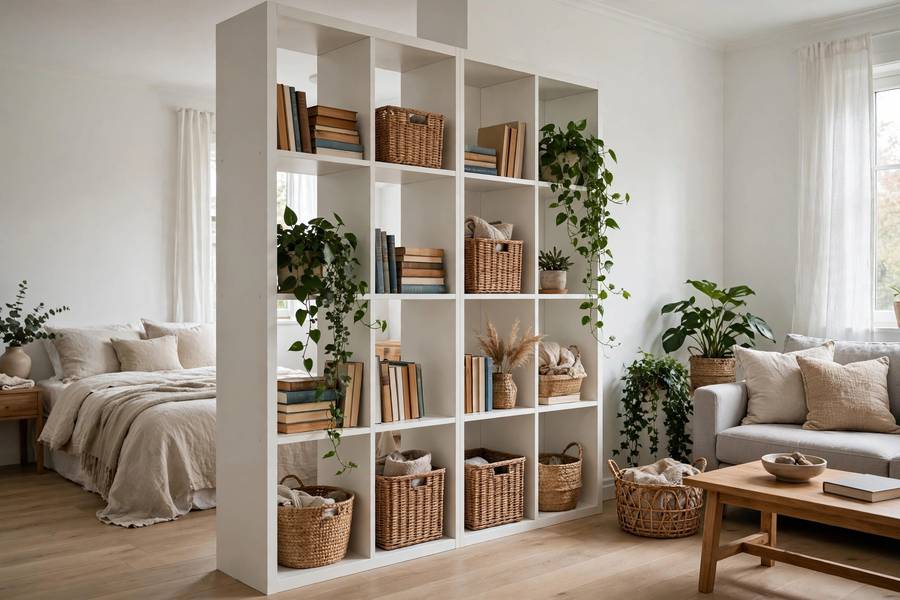 Open cube shelving unit dividing studio apartment zones with plants