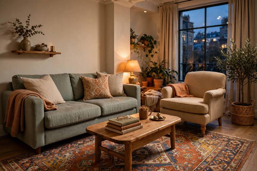 Cozy studio apartment living area with rug anchoring sofa and chairs