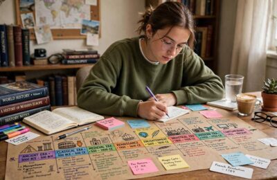 Student using a hand-drawn timeline to study for history exams