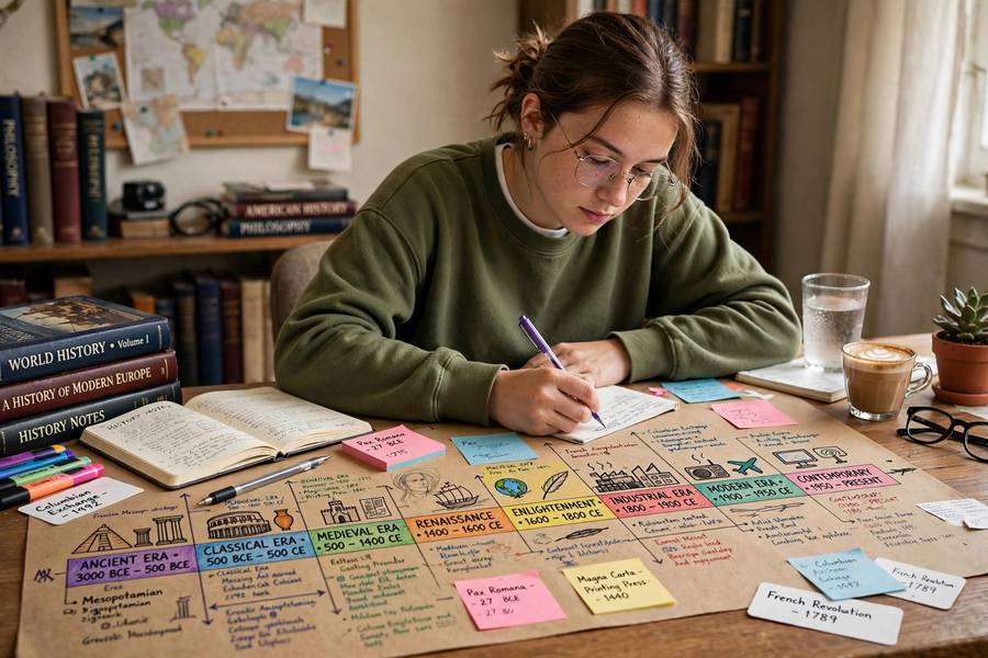 Student using a hand-drawn timeline to study for history exams