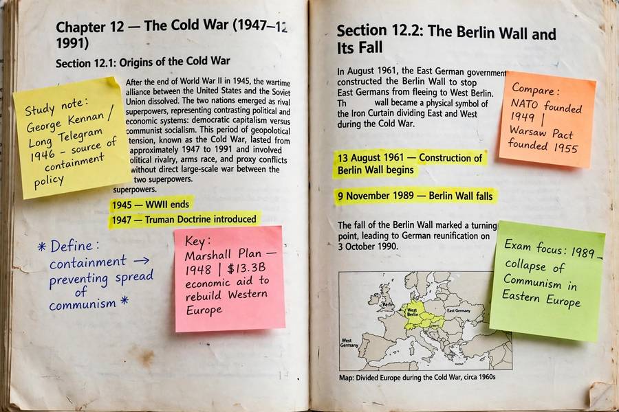 Annotated history textbook with key dates highlighted for exam study