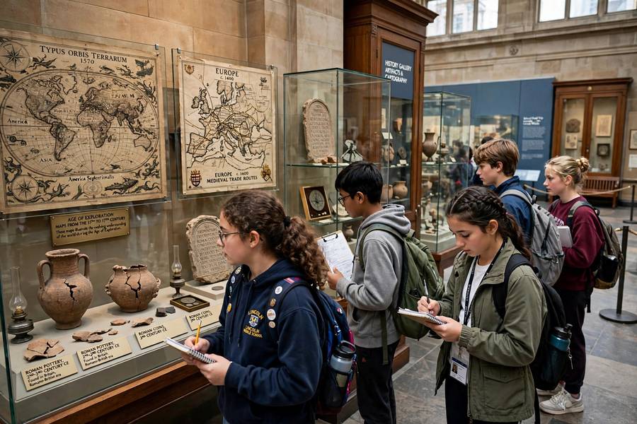 Students learning history through museum artifacts and maps