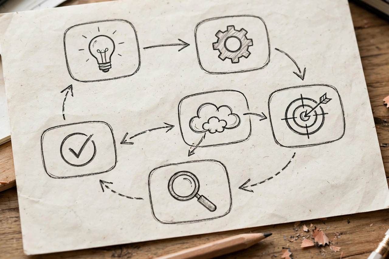 Close-up of a sketch note page showing simple icons and connected boxes explaining a concept