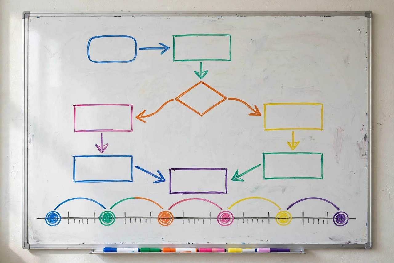 Whiteboard with a color-coded flowchart and timeline drawn in marker