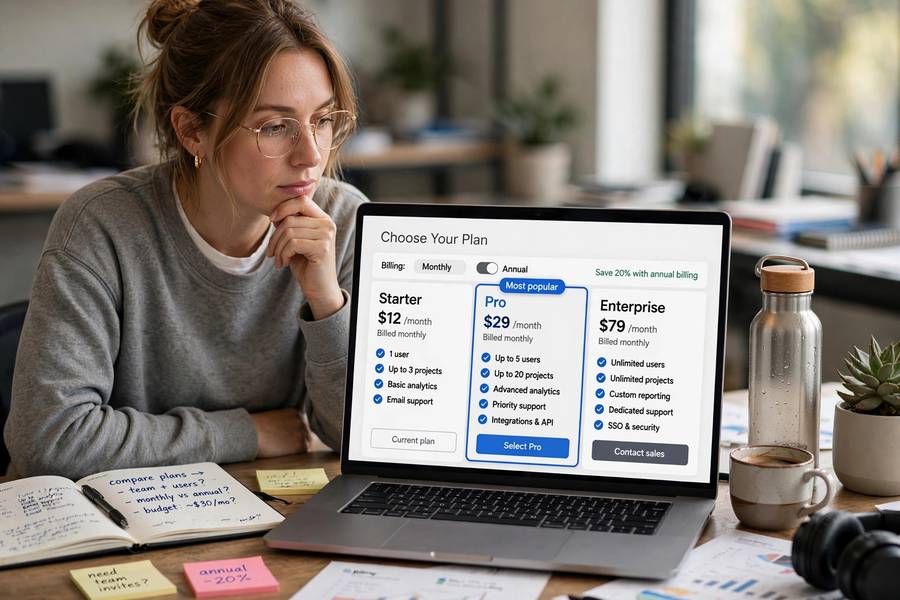 Comparing pricing tiers on screen, designing subscription box pricing strategies