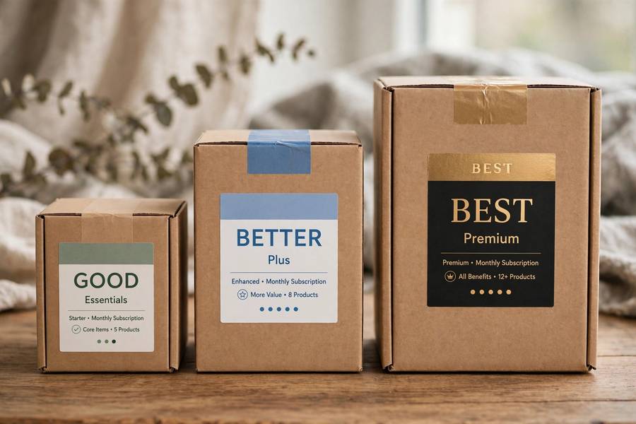 Three box sizes representing tiers, a visual of subscription box pricing strategies