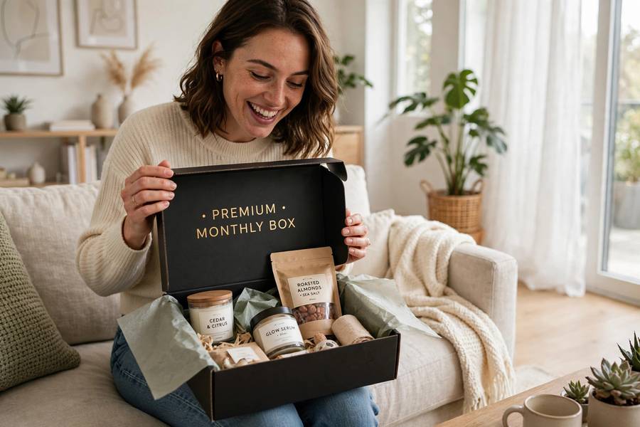 Delighted customer unboxing a premium tier, the result of smart subscription box pricing strategies