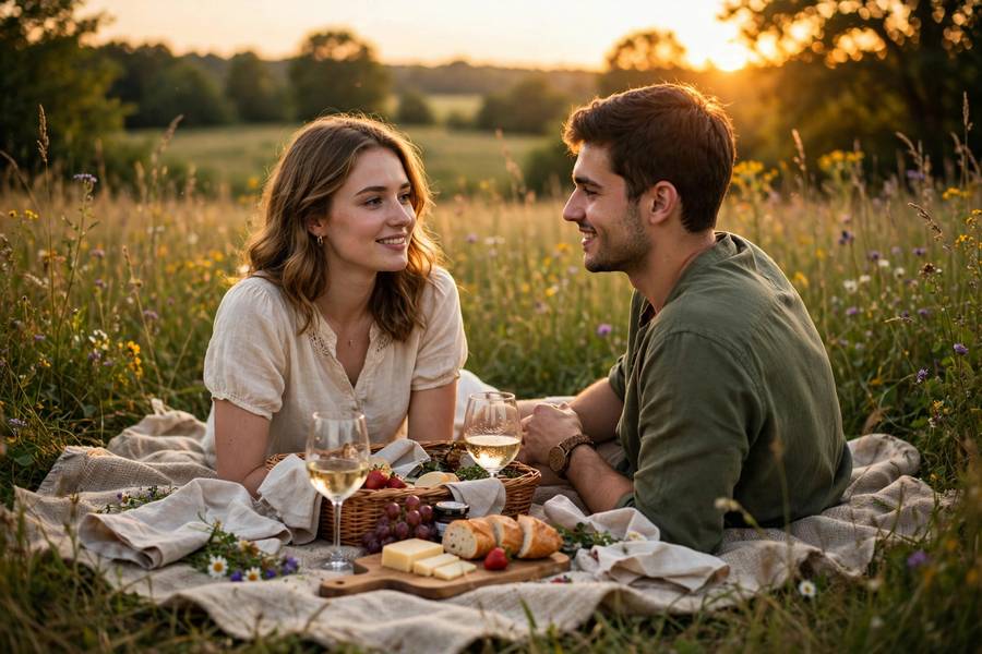 Couple having a picnic at sunset in a meadow on a summer date