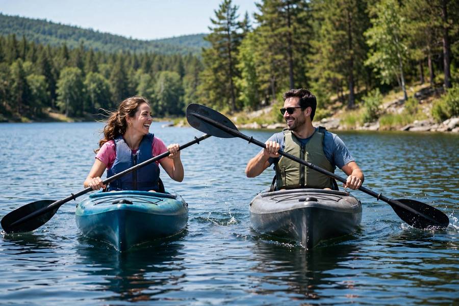 Couple kayaking together on a calm lake in summer