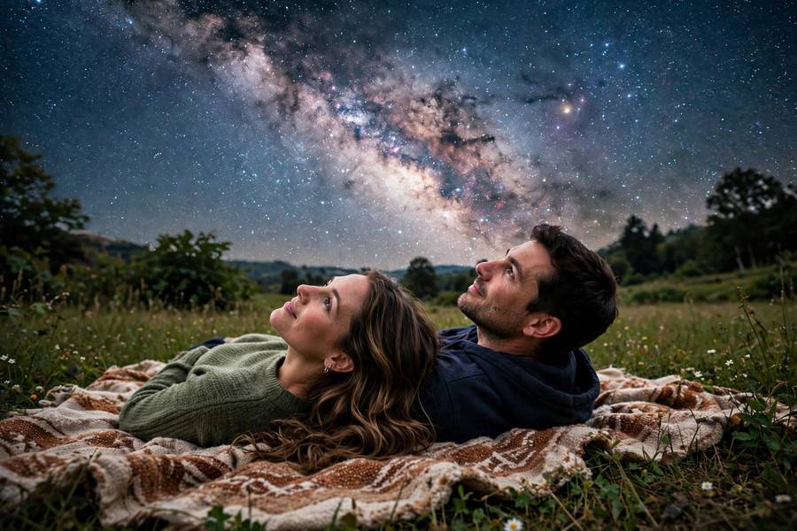 Couple stargazing with a blanket on a summer night date