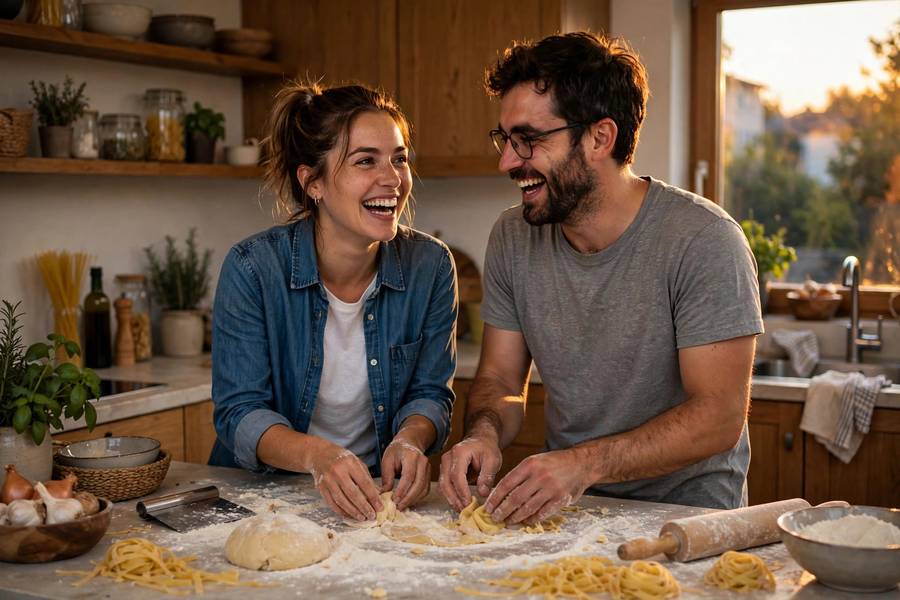 Couple cooking together in a kitchen on a fun summer date night