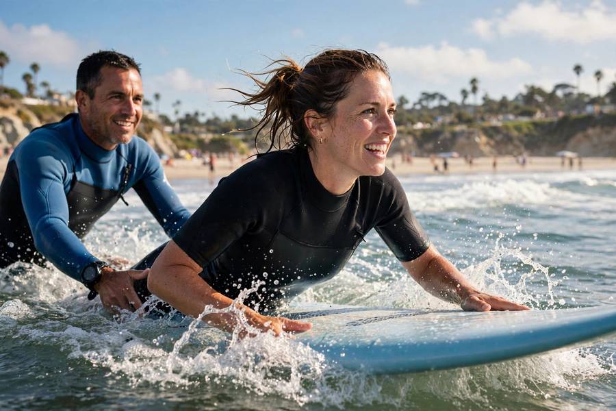 Adult learning to surf with instructor at the beach in summer