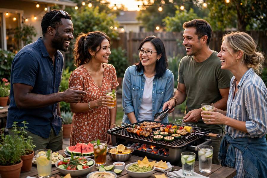 Backyard summer barbecue party with friends around a grill