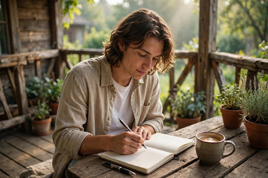 Person journaling on a porch with morning coffee in summer