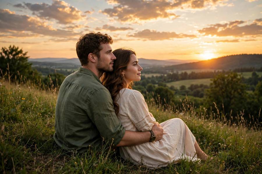 Couple watching sunset together from a hilltop on a summer evening