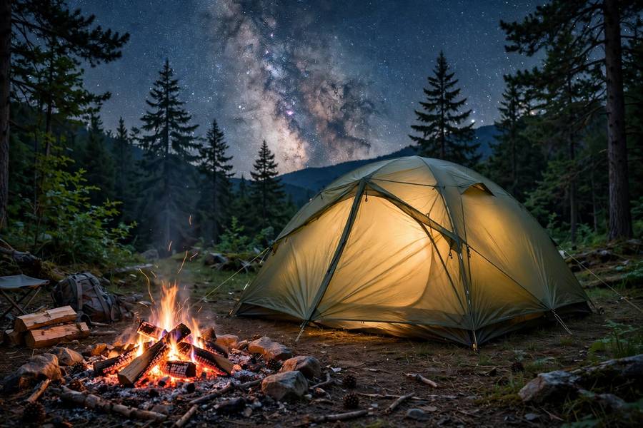 Couple camping with tent under stars on a summer night