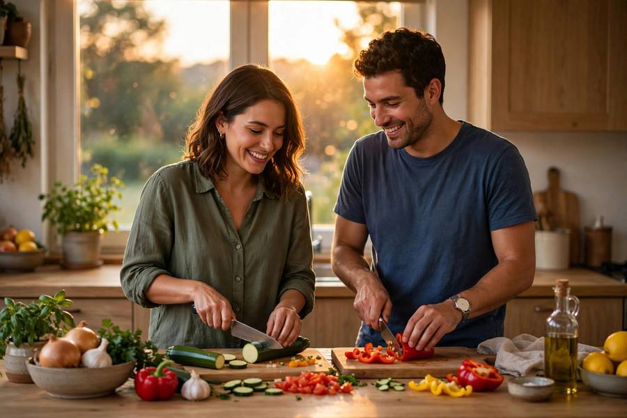 Couple cooking dinner together in a kitchen on a summer evening