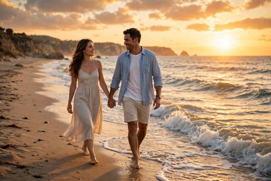 Couple holding hands walking on a beach at sunset in summer