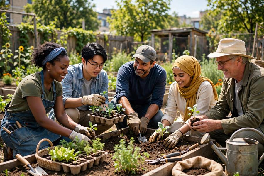 Diverse team volunteering at a community garden on a summer day
