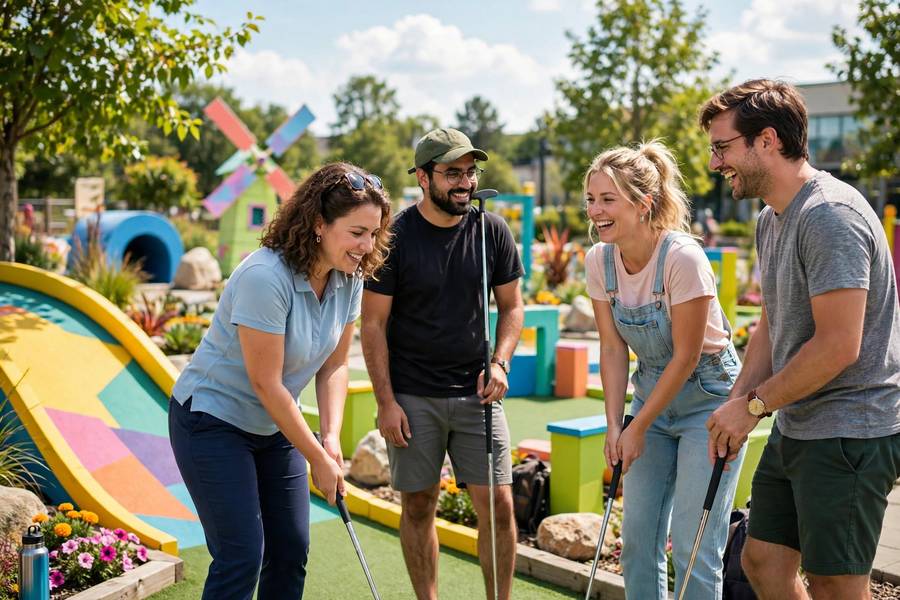 Coworkers playing mini golf together on a summer team outing