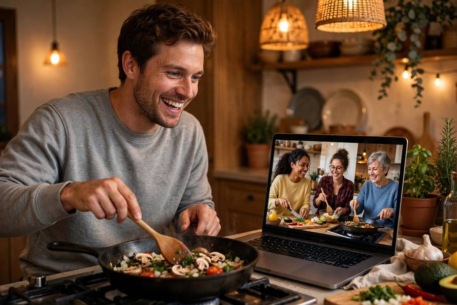 Remote team having a virtual cooking session together in summer