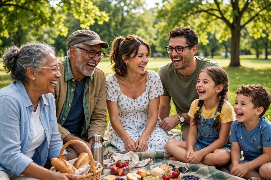 Happy family having a picnic in a sunny park on a summer day