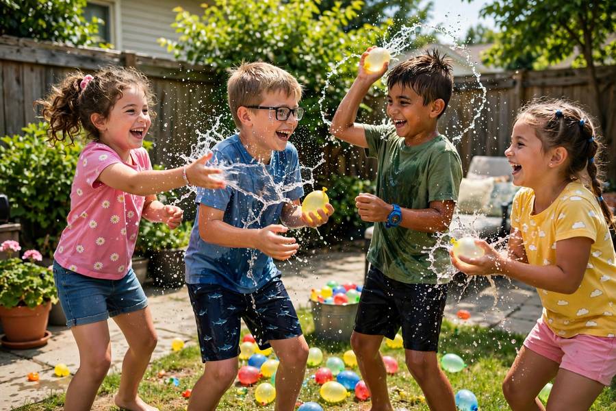 Kids playing with water balloons in a backyard on a hot summer day