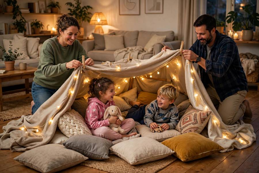 Family building a blanket fort together in the living room