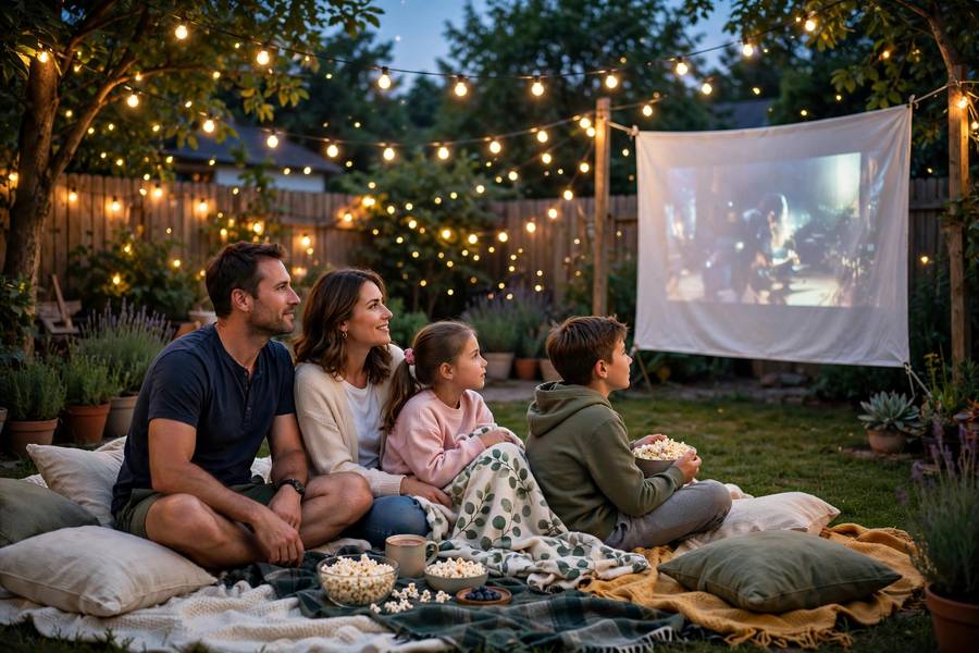Family watching an outdoor movie night in the backyard in summer