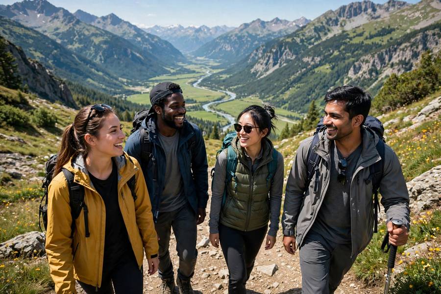 Friends on a group hiking trip with backpacks on a summer trail