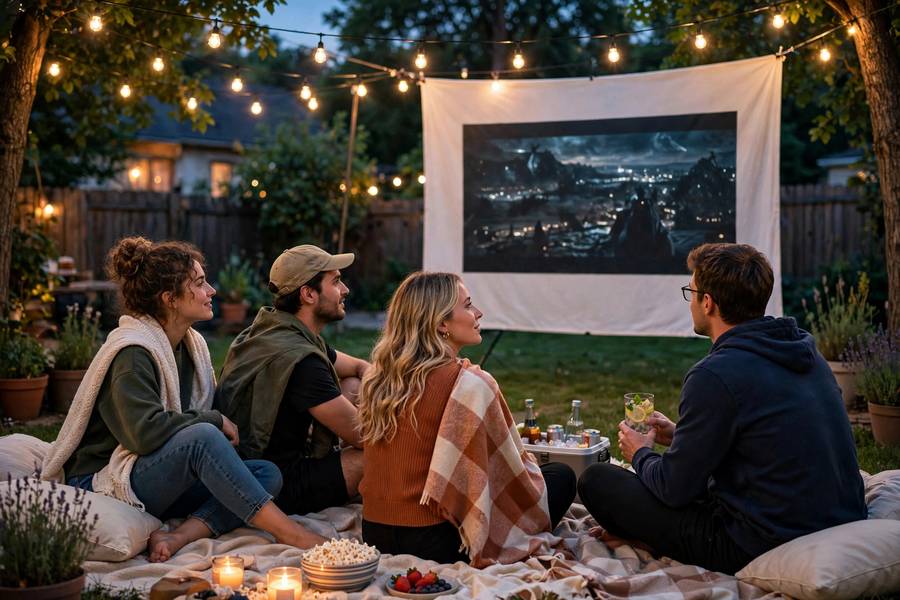 Friends watching an outdoor movie night together in summer