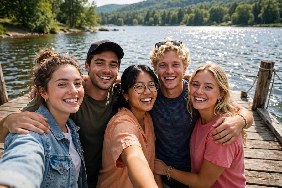 Group of friends taking a photo together at the lake in summer