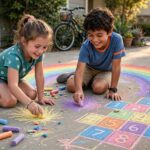 Kids drawing with colorful sidewalk chalk on a sunny driveway for a summer bucket list for kids