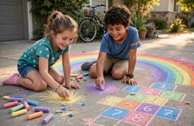 Kids drawing with colorful sidewalk chalk on a sunny driveway for a summer bucket list for kids