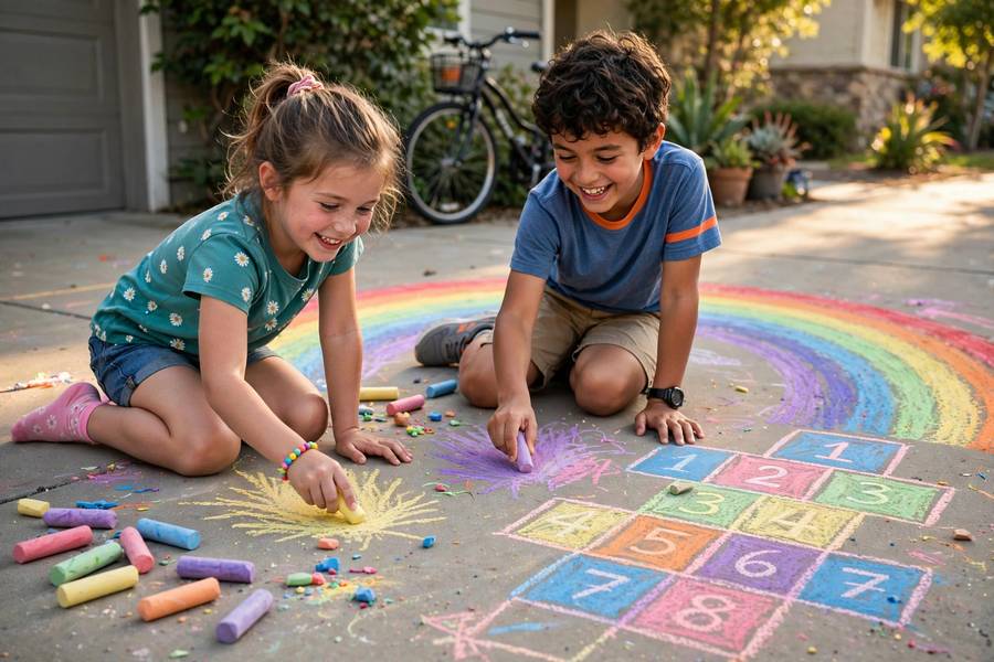 Kids drawing with colorful sidewalk chalk on a sunny driveway for a summer bucket list for kids
