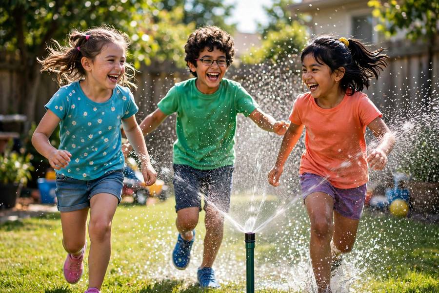 Children laughing while running through a backyard sprinkler on a summer bucket list for kids day