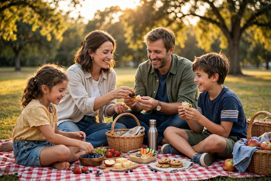 Family sharing snacks on a picnic blanket in the park for a summer bucket list for kids outing