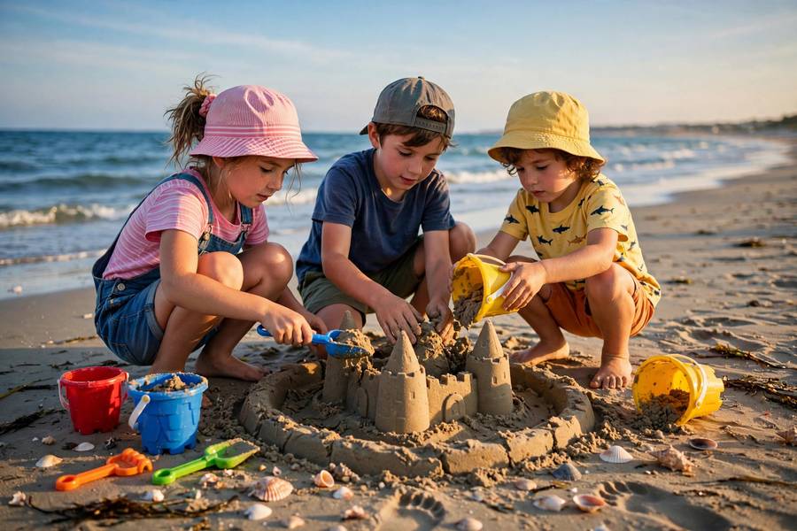 Kids building a sandcastle at the beach as a summer bucket list for kids activity