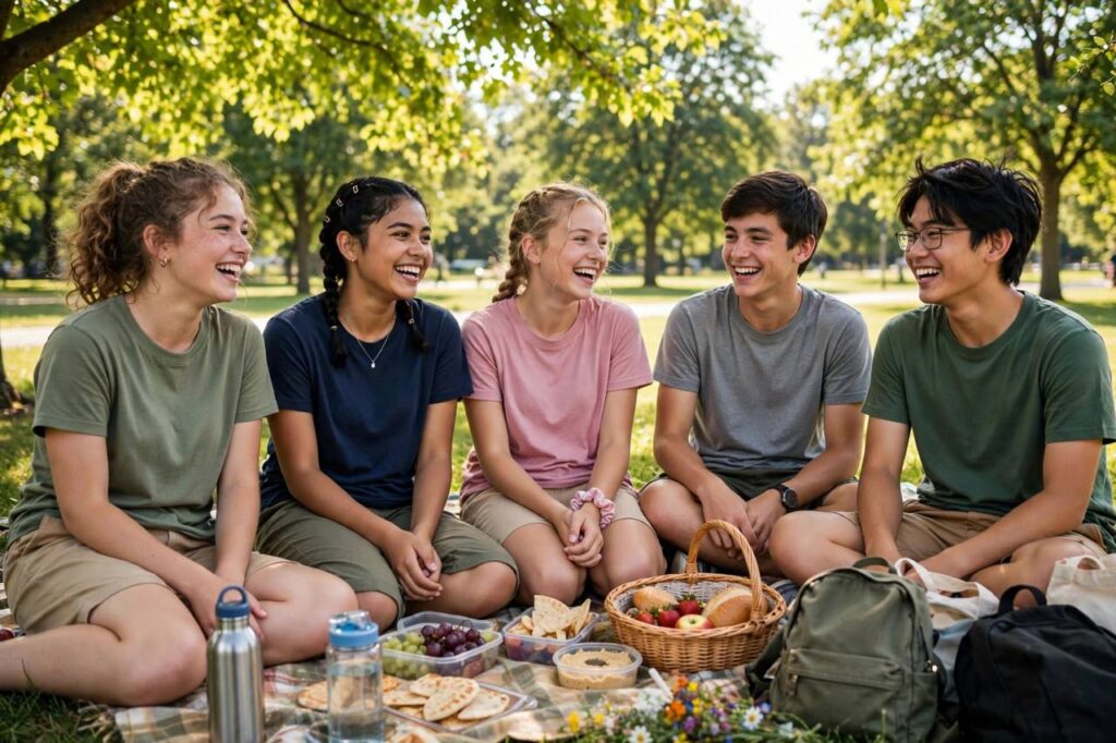 Group of teenagers hanging out together in a park on a summer day