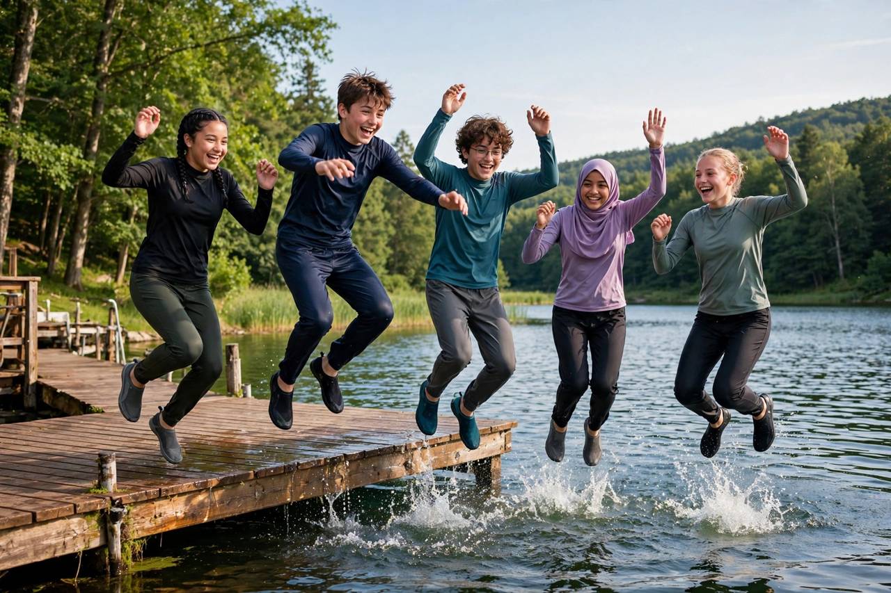 Teenagers jumping into a lake from a dock on a summer afternoon
