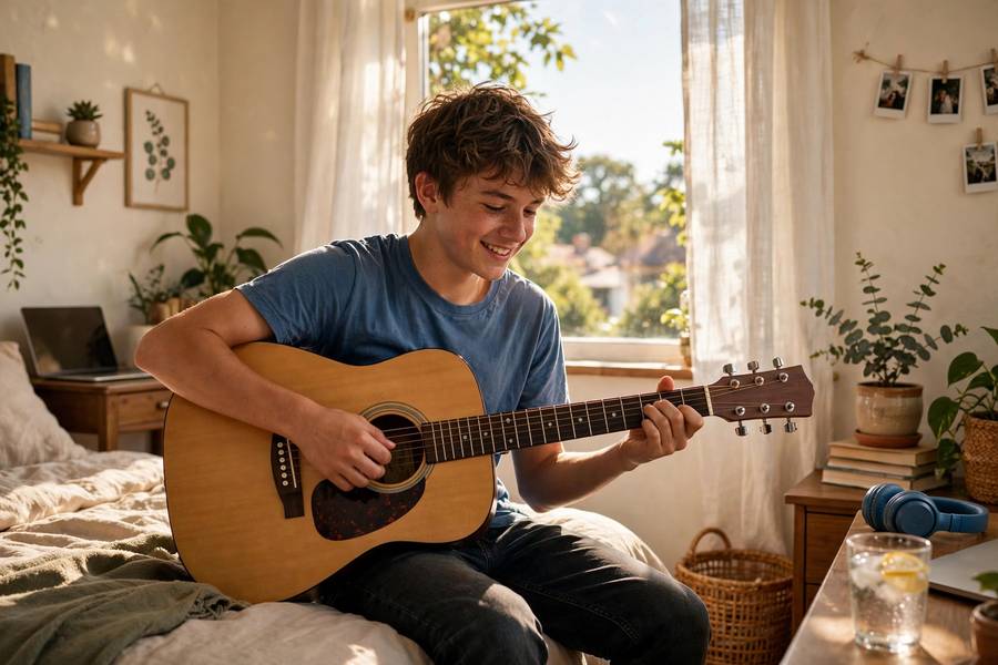 Teen learning to play guitar at home during summer break
