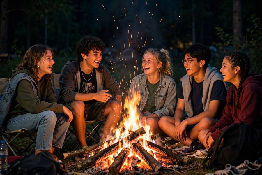 Teenagers having a bonfire with friends on a summer night
