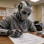 SWE-Bench Explained: The Benchmark That Grades AI Coding Agents Robot taking a coding exam as a metaphor for SWE-bench testing AI coding agents