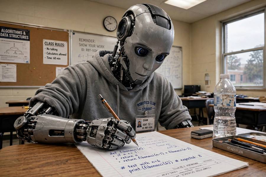 Robot taking a coding exam as a metaphor for SWE-bench testing AI coding agents
