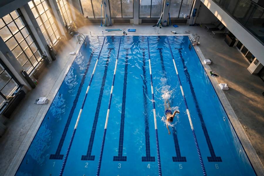 Beginner swimmer practicing freestyle in a lane during swimming workouts for beginners