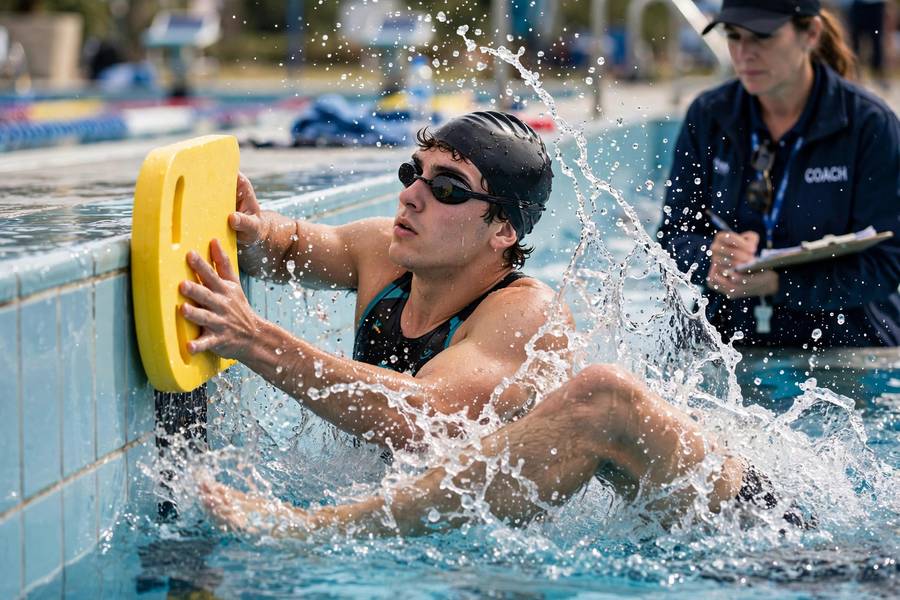 Swimmer using a kickboard for leg drills in a swimming workout for beginners