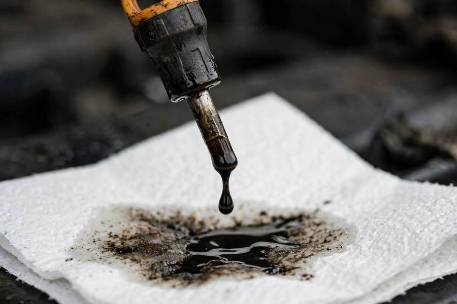 Dark dirty transmission fluid on a dipstick against a white paper towel