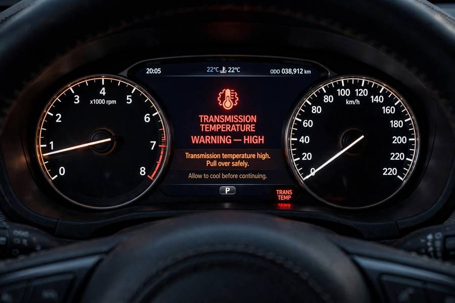 Dashboard with transmission temperature warning light glowing